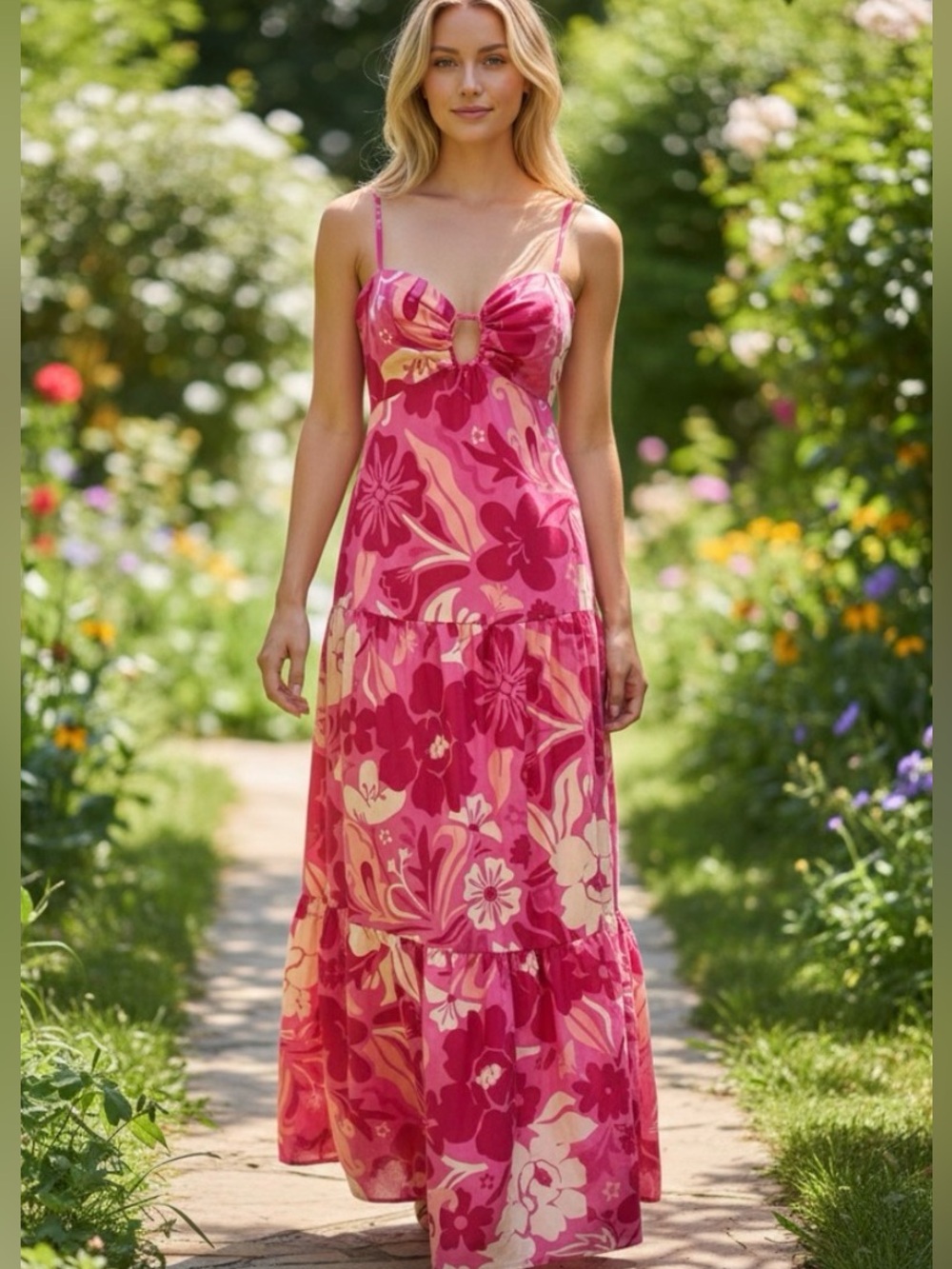 Crystal Doll Fuchsia and Cream Floral Tie-Front Maxi Dress